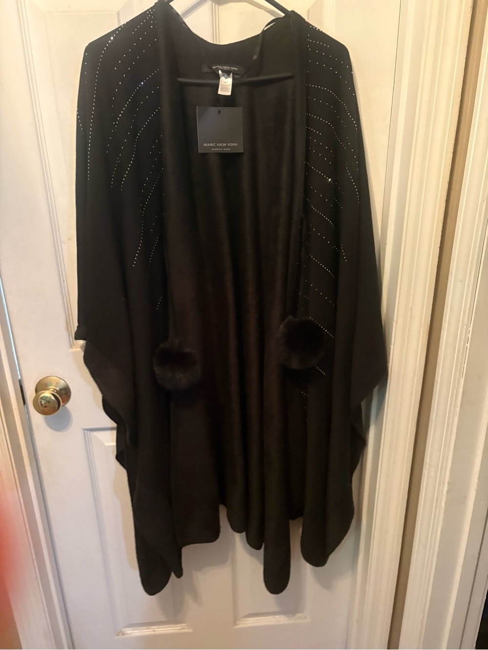 Marc New York Black Poncho with Stud and Pom Pom Accents